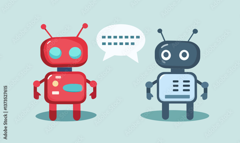 Poster chatbot dialogue concept with vector robots in digital conversation