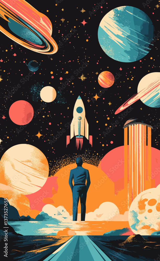 Poster minimalist vector of astronaut exploring colorful planets and space with rocket