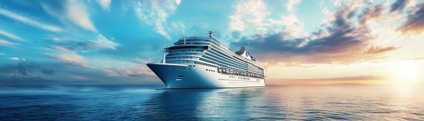 Naklejka premium Luxurious Cruise Ship Sailing at Sunset Over a Calm Tropical Ocean - Wide Photo with Space for Text