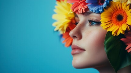 Close-up portrait with vibrant flowers blooming from the head, symbolizing creativity and imagination