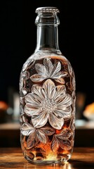 Elegant Flower-Etched Glass Bottle with Amber Liquid