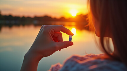 Young woman holding a small blue pill in her hand. She is standing in front of a body of water, with the sun setting in the background.