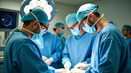 Group of surgeons performing an operation in an operating room. They are all wearing blue surgical gowns, head caps, and face masks.