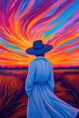 A figure dressed in white stands on a path surrounded by tall grass, gazing at a spectacular sunset with swirling colors in the sky. This tranquil setting captures the beauty of nature