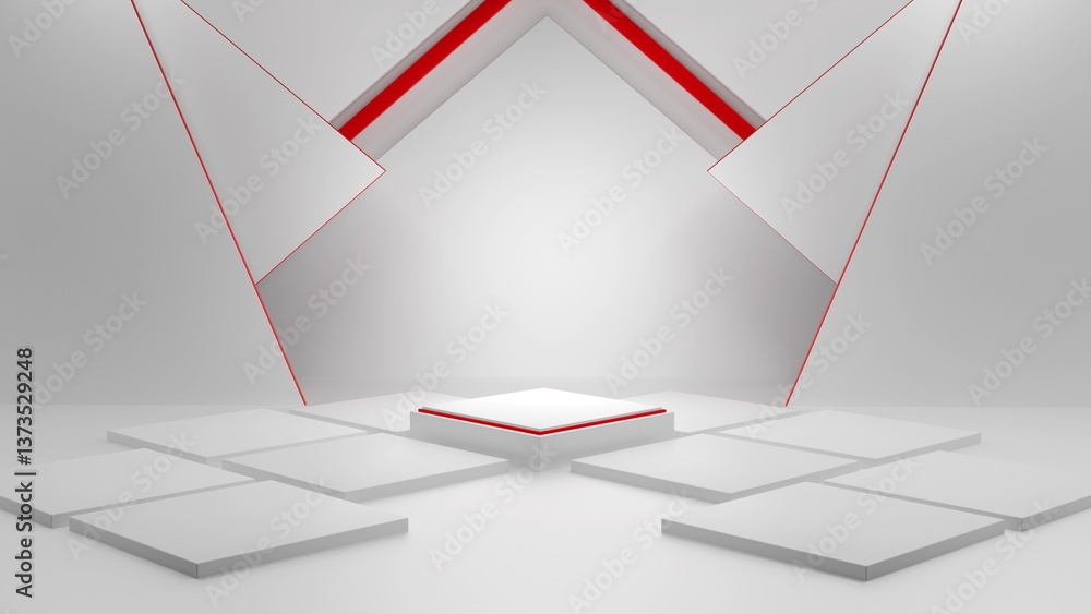 Poster a minimalist stage features a geometric design with white panels and striking red accents. the setup