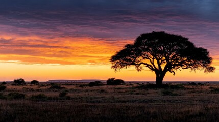 African Savanna Sunset  Dramatic Sky  Silhouetted Tree  Golden Hour Landscape Photography