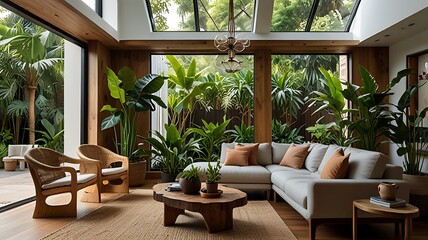Fototapeta premium Living Room Interior with Abundant Greenery and Natural Wood Elements