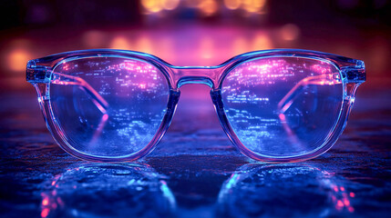 Glasses with translucent blue frames, standing on a reflective surface. The lenses of the glasses reflect the blurred lights of the city in purple and blue tones.