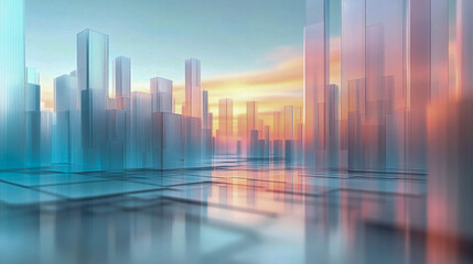 Fototapeta premium Abstract composition of translucent rectangular prisms, reminiscent of buildings in a futuristic city.