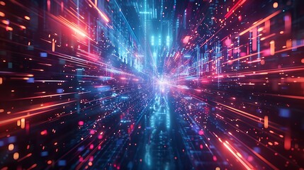 Obraz premium Abstract Digital Data Stream Futuristic Technology Background with Vibrant Red and Blue Light Trails