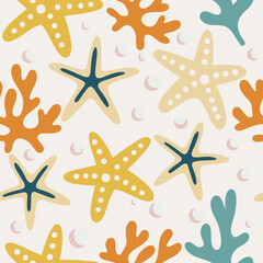 Neutral Toned Starfish and Coral Elements. Seamless pattern background ideal for wrapping paper, fabric, textile etc.