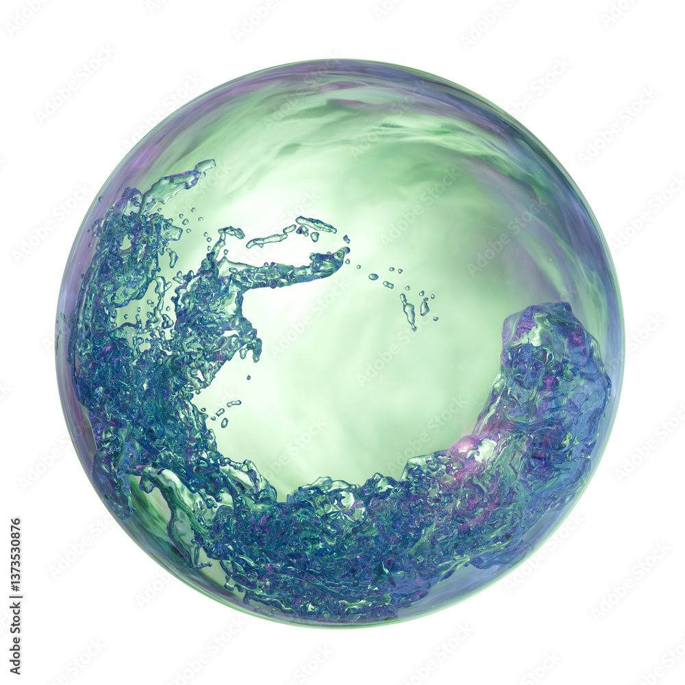 Poster spherical design features swirling shades of green and blue, resembling dynamic water currents. the 
