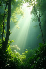 lush, green rainforest in St. Lucia with misty air and beams of sunlight filtering through the trees