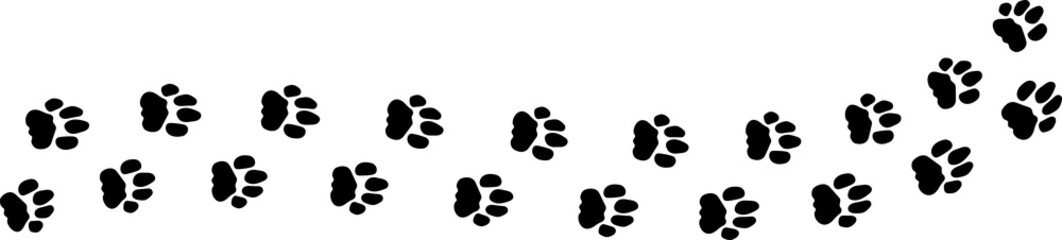 Paw foot trail print of cat dog and other. Pattern animal tracks isolated on white background. Black silhouette of a paw print, isolated icon Illustration.