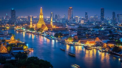 Obraz premium Nighttime riverside festival bangkok cityscape illuminated temples aerial view cultural celebration