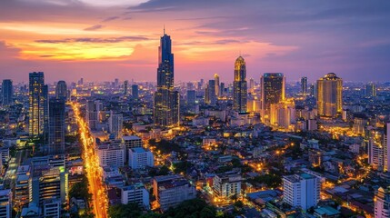 Fototapeta premium Cityscape sunset view bangkok urban landscape photography nighttime atmosphere aerial perspective vibrant city lights