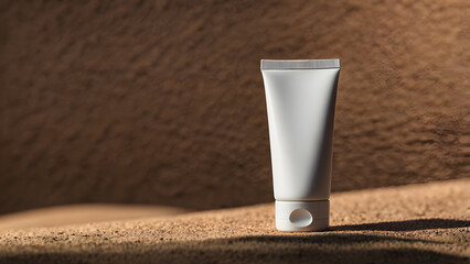 White matte tube for cosmetic products for cream stands in sand desert