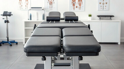 Fototapeta premium Black Massage Table in Minimalist Medical Treatment Room with Anatomical Charts