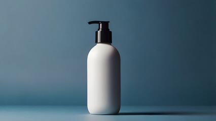 White matte bottle with black dispenser for cosmetics on gray blue background