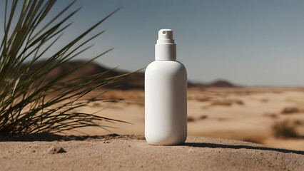White matte cosmetic bottle beauty concept bottle stands on sand in safari background