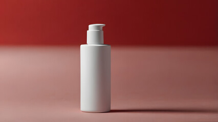 White matte bottle for cosmetics skin and hair care on powdery red background