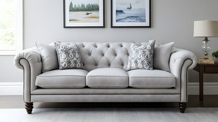 Modern Light Gray Living Room Interior Design with Stylish Sofa for Home Decor Catalogs and Interior Design Blogs