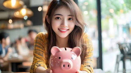 Obraz premium 90. A young Asian female entrepreneur planning her tax payments while saving money in a piggy bank