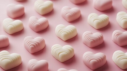 Assortment of pink and white heart shaped candies arranged on pink