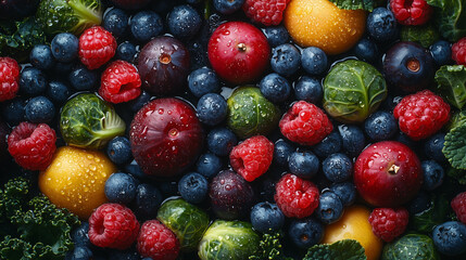 Obraz premium Vibrant Berries and Brussels Sprouts: A Colorful Medley of Fresh Fruits and Vegetables