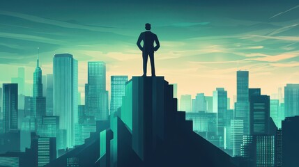 Business Leader Overlooking Urban Landscape at Dusk in Silhouette