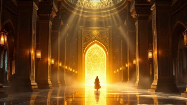 Mystical golden palace interior with arched door and glowing light rays &ndash; perfect animation background for fantasy themes, spiritual journeys, royal tales, or cinematic dream sequences