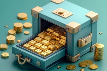 A blue box with gold coins and a gold key. 3d illustration of open safe with gold bars inside background, minimalistic style.