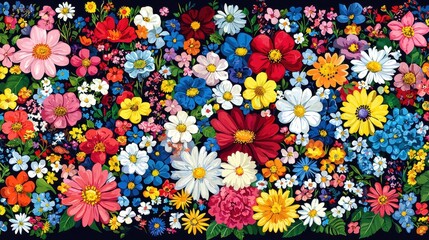 Colorful Floral Patterns with Diverse Flowers on Dark Background