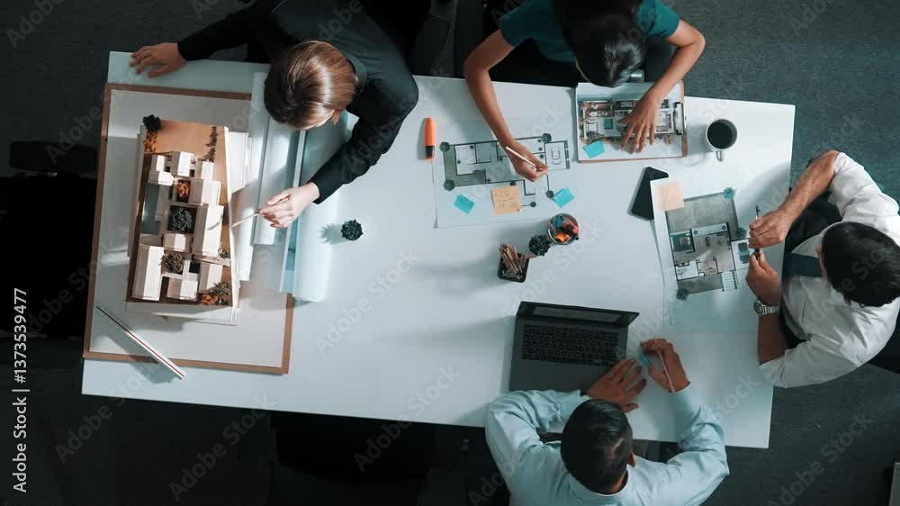 Poster top down aerial view of project manager walking at meeting table and start working. aerial view of s