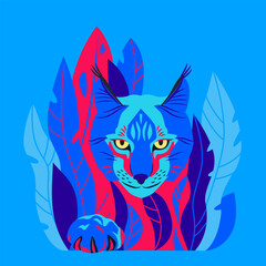 The predator hides among the plants. A head and paw of lynx among leaves. Poster with a wild hunting animal.