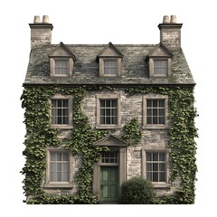 Cozy Cottage Charm: A beautifully designed cottage with a stone facade, lush green ivy climbing gracefully across the walls, and a welcoming green door.