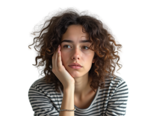  portrait features a young woman with a mass of dark, curly hair.