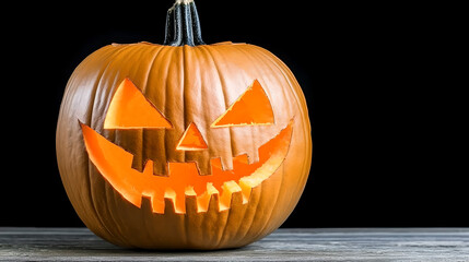 Obraz premium Glowing Carved Pumpkin on Dark Wooden Surface