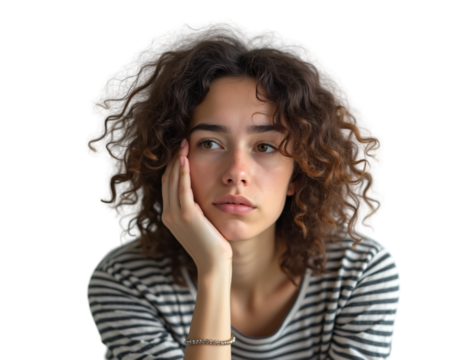  portrait features a young woman with a mass of dark, curly hair.