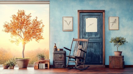 Vintage Wooden Rocking Chair from the 1930s in Sepia-Tone Oil Painting Aesthetic