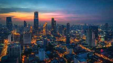 Obraz premium Vibrant cityscape at dusk bangkok aerial photography urban environment high perspective night life
