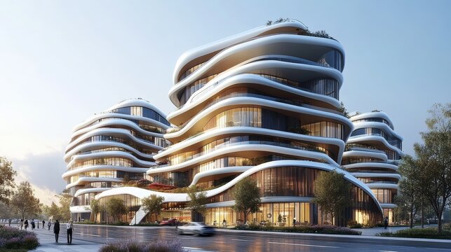 pedestrain-friendly street design, graffic calming measures, outdoor cafes, international atmosphere,international community, resedential building, 8-15 floors, minialist architecture design, bright a