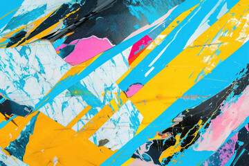 Fototapeta premium Colorful abstract painting with yellow, blue, and pink strokes on black background