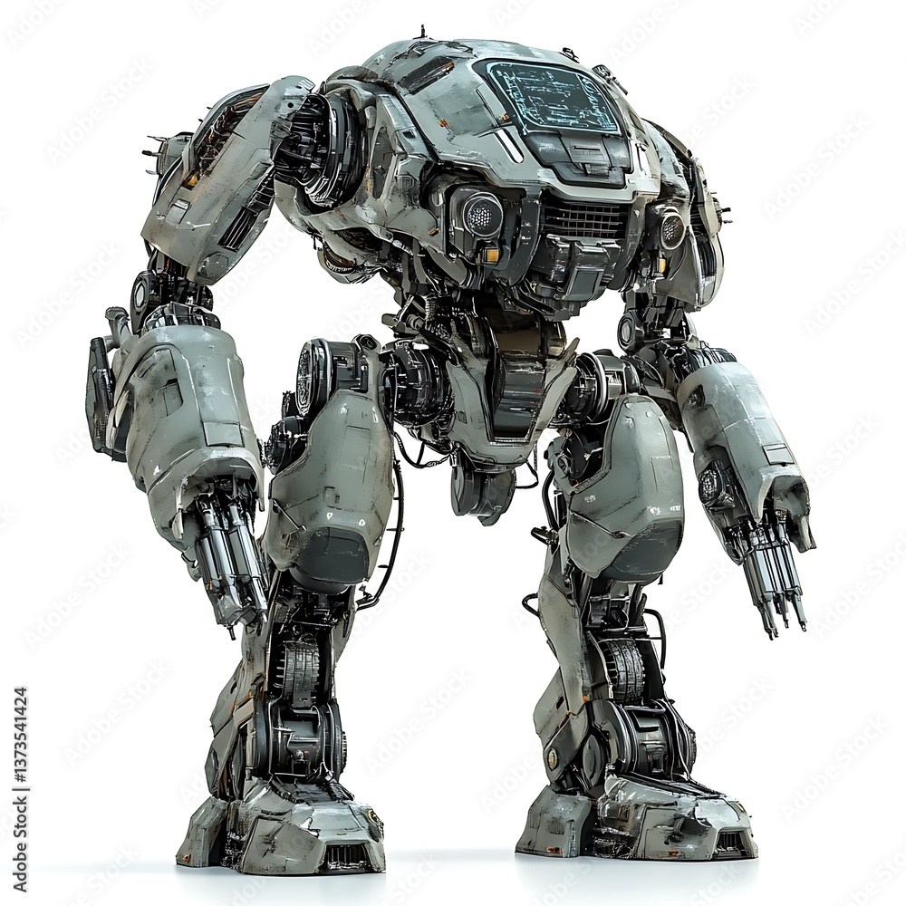 Poster robotic titan: a futuristic battle bot stands ready for action, showcasing intricate mechanical desi