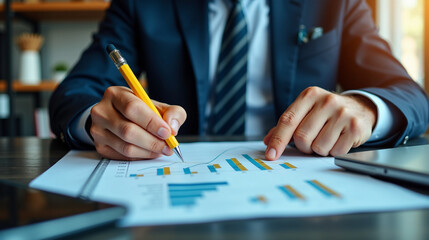 Person, hands, holding, pen, and, writing, piece, paper, paper, spread, out, table, with, various, graphs, and, charts, person, wearing, suit, and, tie, and, appears, focused, task, hand, There, are, 
