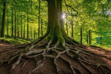 Majestic Tree with Exposed Roots in Lush Green Forest Setting