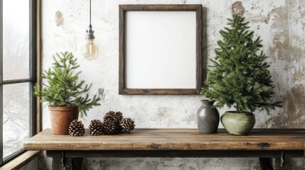 Fototapeta premium Rustic frame above wooden table with christmas decorations displayed