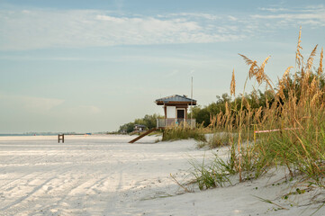 Lifeguard tower near sea turtle nest, Coquina Beach, Florida © Cavan