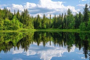 Fototapeta premium Tranquil Reflections in a Serene Forest Lake Surrounded by Trees