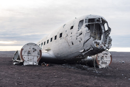Douglas DC 3 plane wreckage rests on Solheimasandur Beach in Iceland
